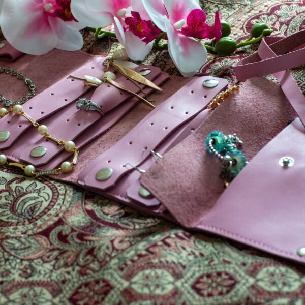 bőr ékszertartó, rózsaszín összehajtható valódi bőr ékszertartó, rózsaszín