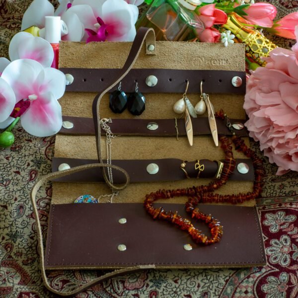 összehajtható valódi bőr ékszertartó, burgundi