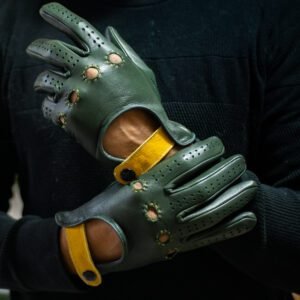 valódi bőr autós kesztyű patentos pánttal, zöld-sárga