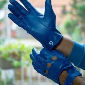 valódi bőr autós kesztyű patentos pánttal, kék