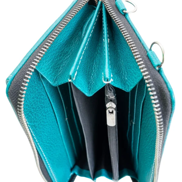 valódi bőr női tárca mobiltartó zsebbel, türkiz