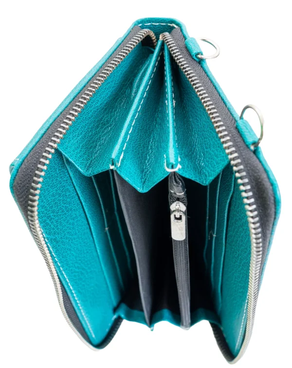 valódi bőr női tárca mobiltartó zsebbel, türkiz
