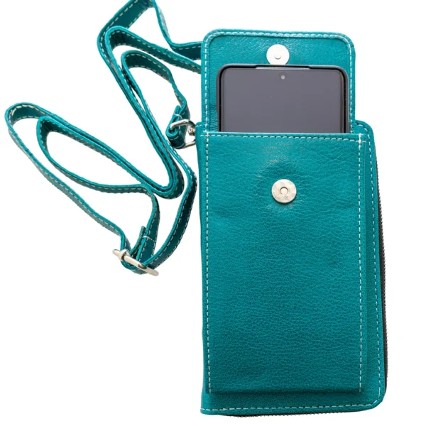 valódi bőr női tárca mobiltartó zsebbel, türkiz