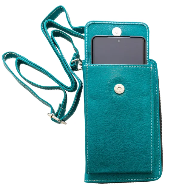 valódi bőr női tárca mobiltartó zsebbel, türkiz