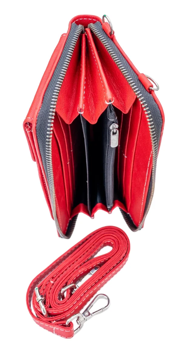 bőr telefontartós tárca, piros valódi bőr női tárca mobiltartó zsebbel, piros