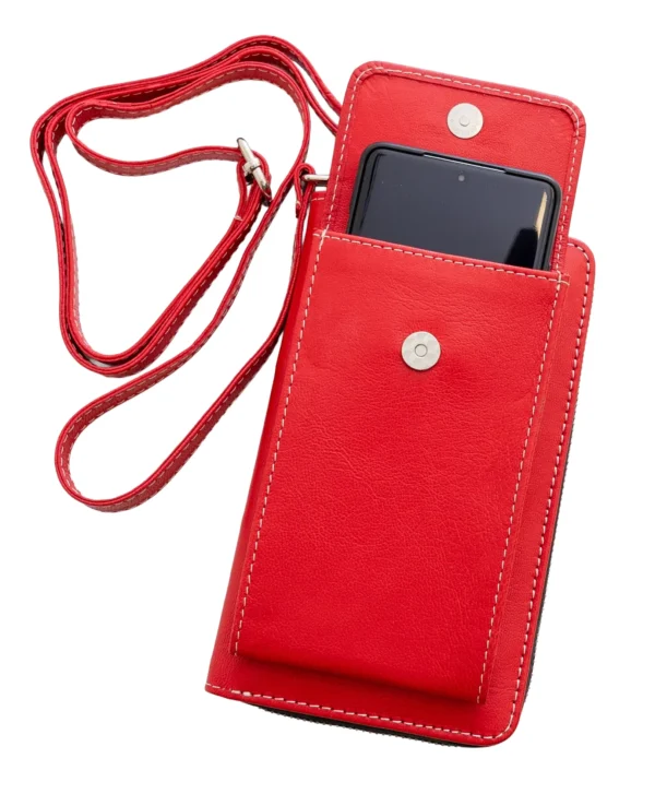 bőr telefontartós tárca, piros valódi bőr női tárca mobiltartó zsebbel, piros