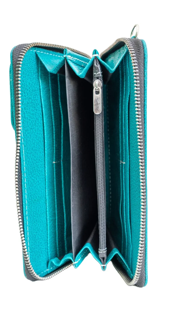valódi bőr női tárca mobiltartó zsebbel, türkiz